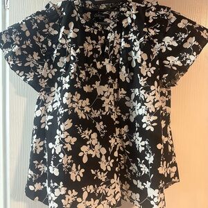 Calessa Black Floral Short Sleeve Blouse with White Print